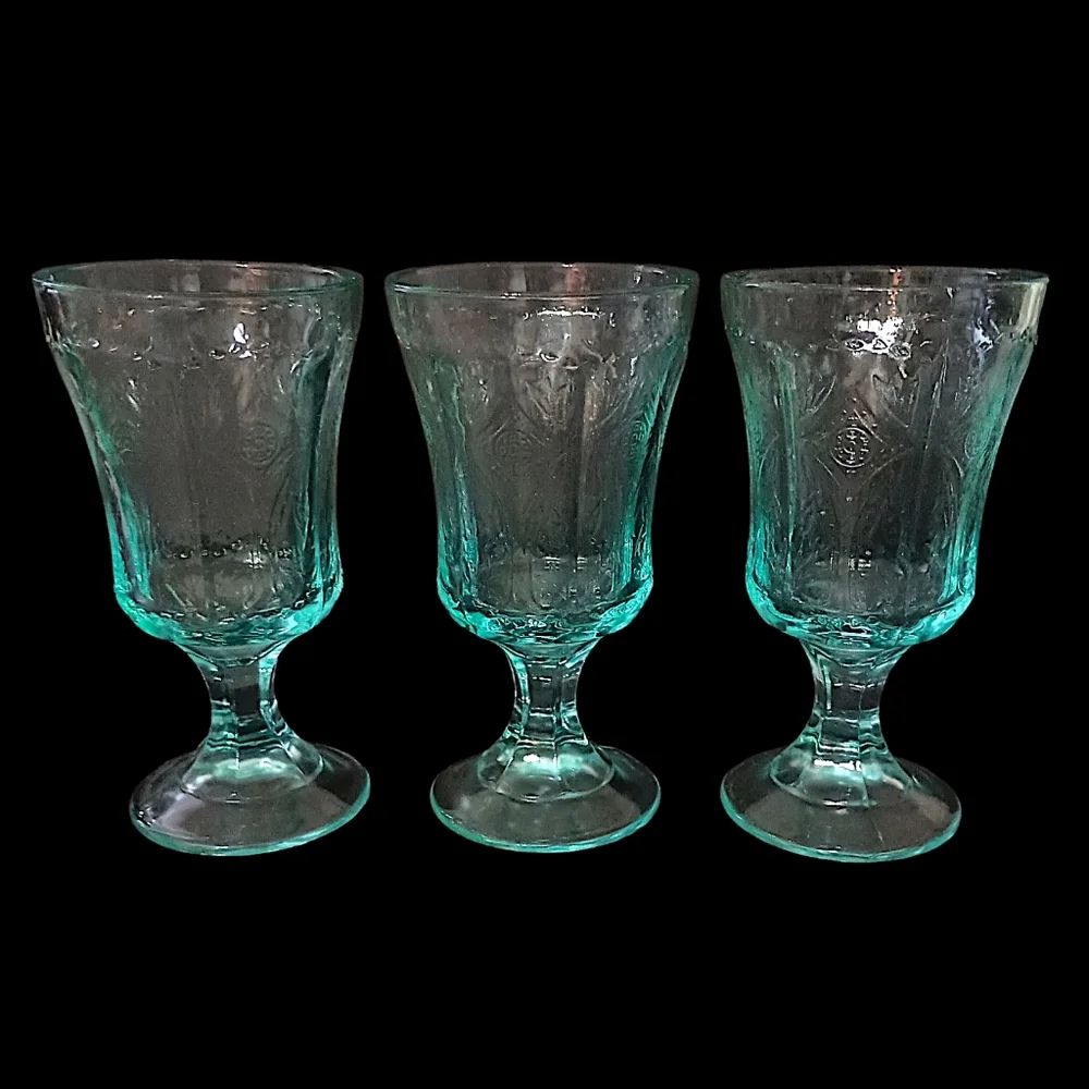 3 Indiana Glass‎ Recollection Goblet Glass Teal Aqua Vintage Beach Cottage House